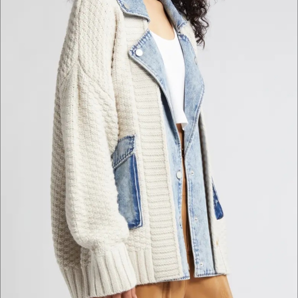 BLANK NYC Cream Knit Cardigan Jacket with Washed Denim Accents